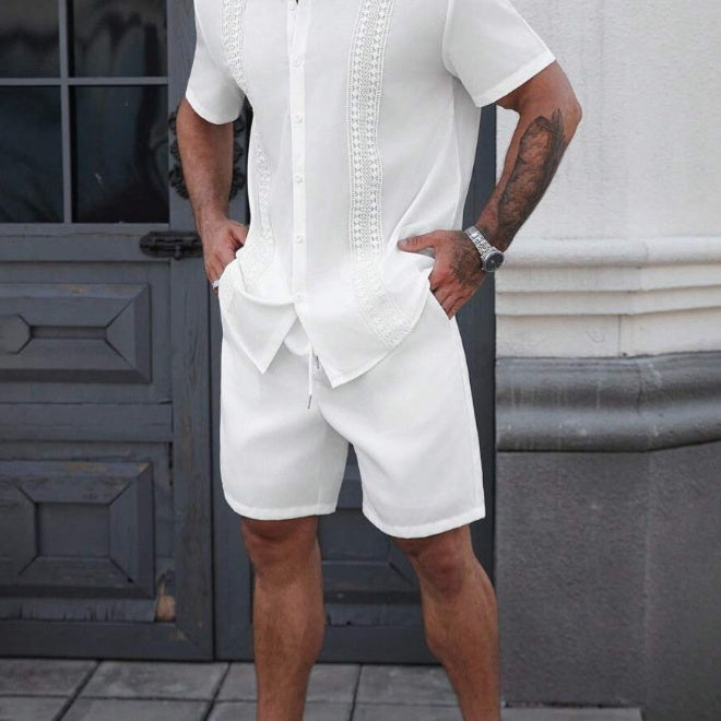 Mens Lapel-printed Short-sleeve Shirt And Shorts Set