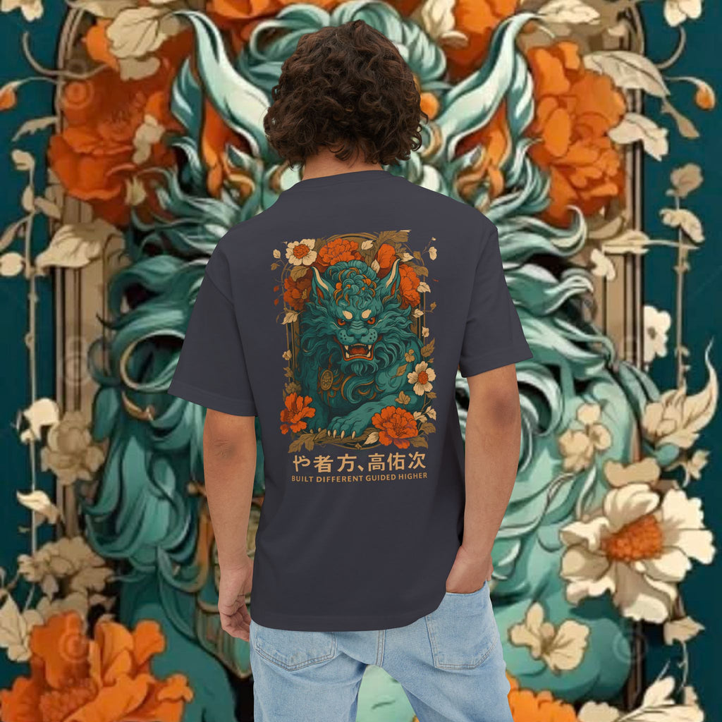 Blue Oni Demon Illustration Tee | Floral Japanese Lion Graphic T-shirt