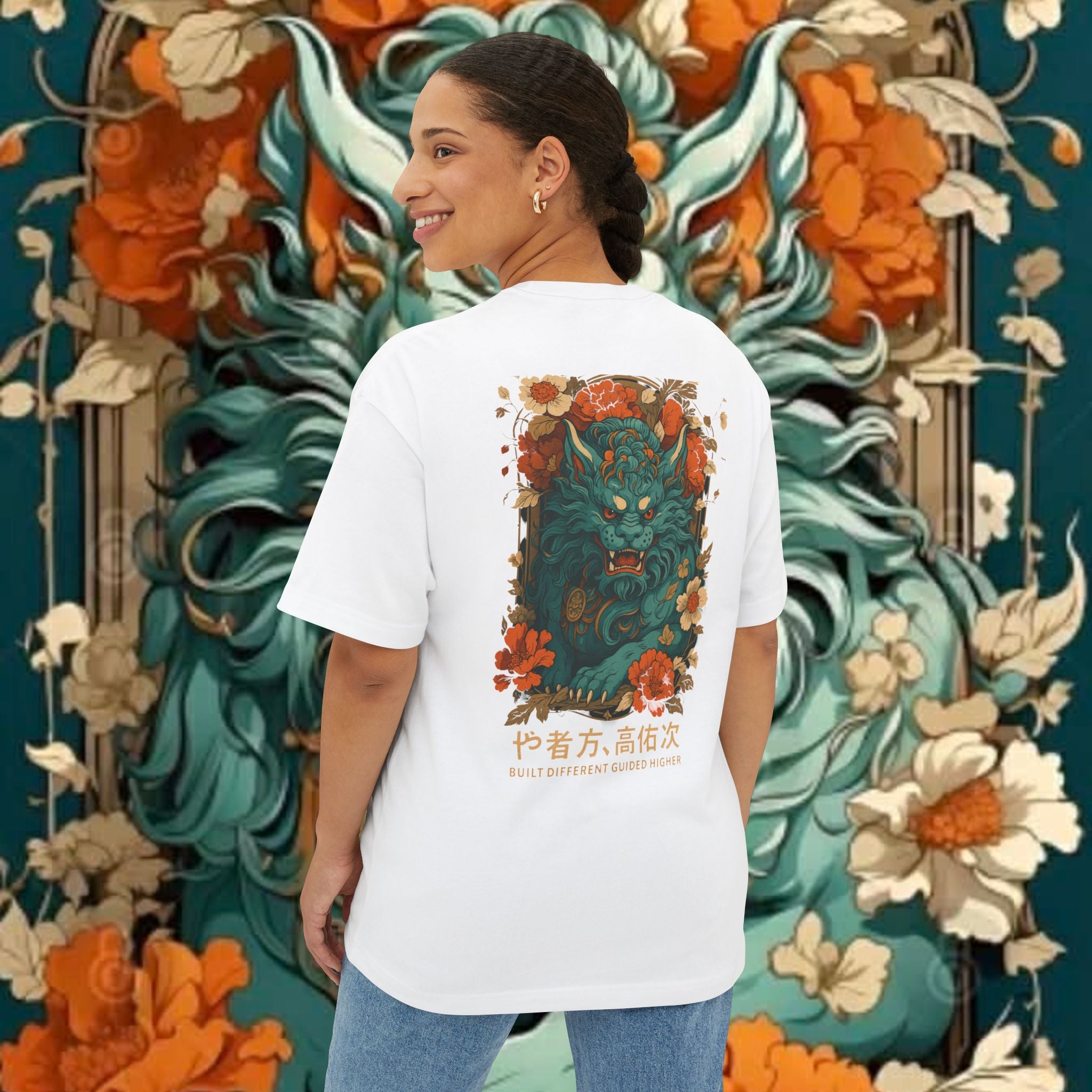 Blue Oni Demon Illustration Tee | Floral Japanese Lion Graphic T-shirt