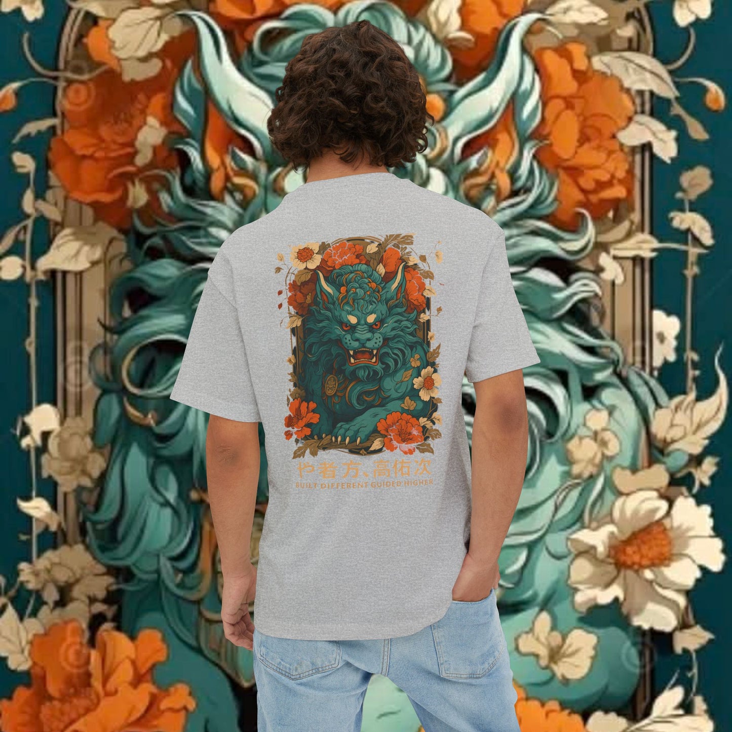 Blue Oni Demon Illustration Tee | Floral Japanese Lion Graphic T-shirt