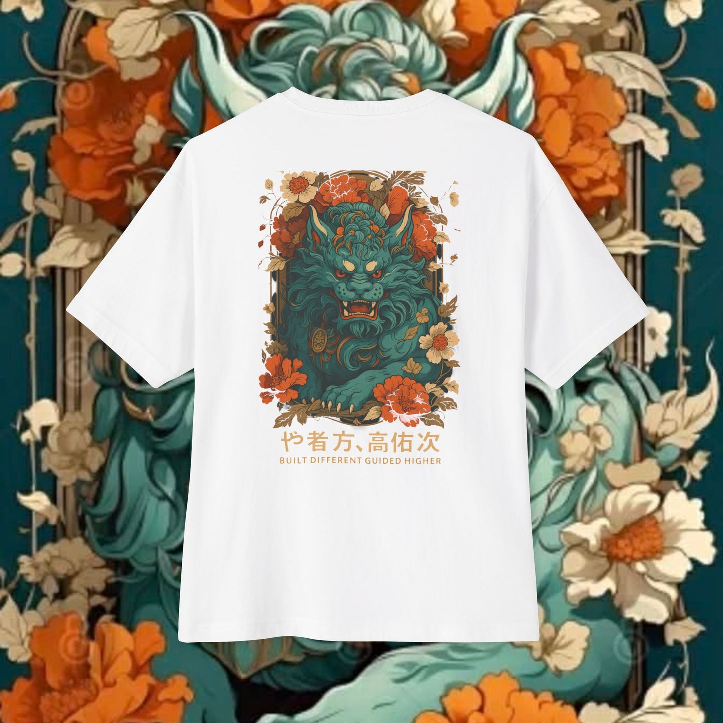 Blue Oni Demon Illustration Tee | Floral Japanese Lion Graphic T-shirt