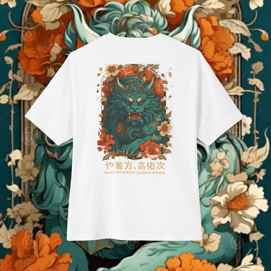 Blue Oni Demon Illustration Tee | Floral Japanese Lion Graphic T-shirt