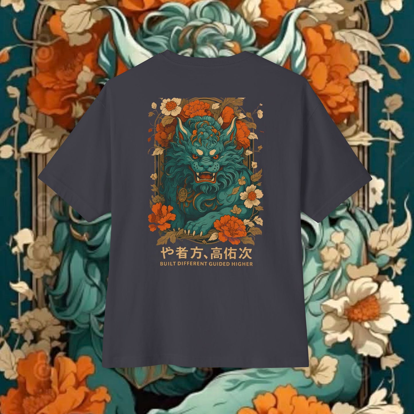 Blue Oni Demon Illustration Tee | Floral Japanese Lion Graphic T-shirt
