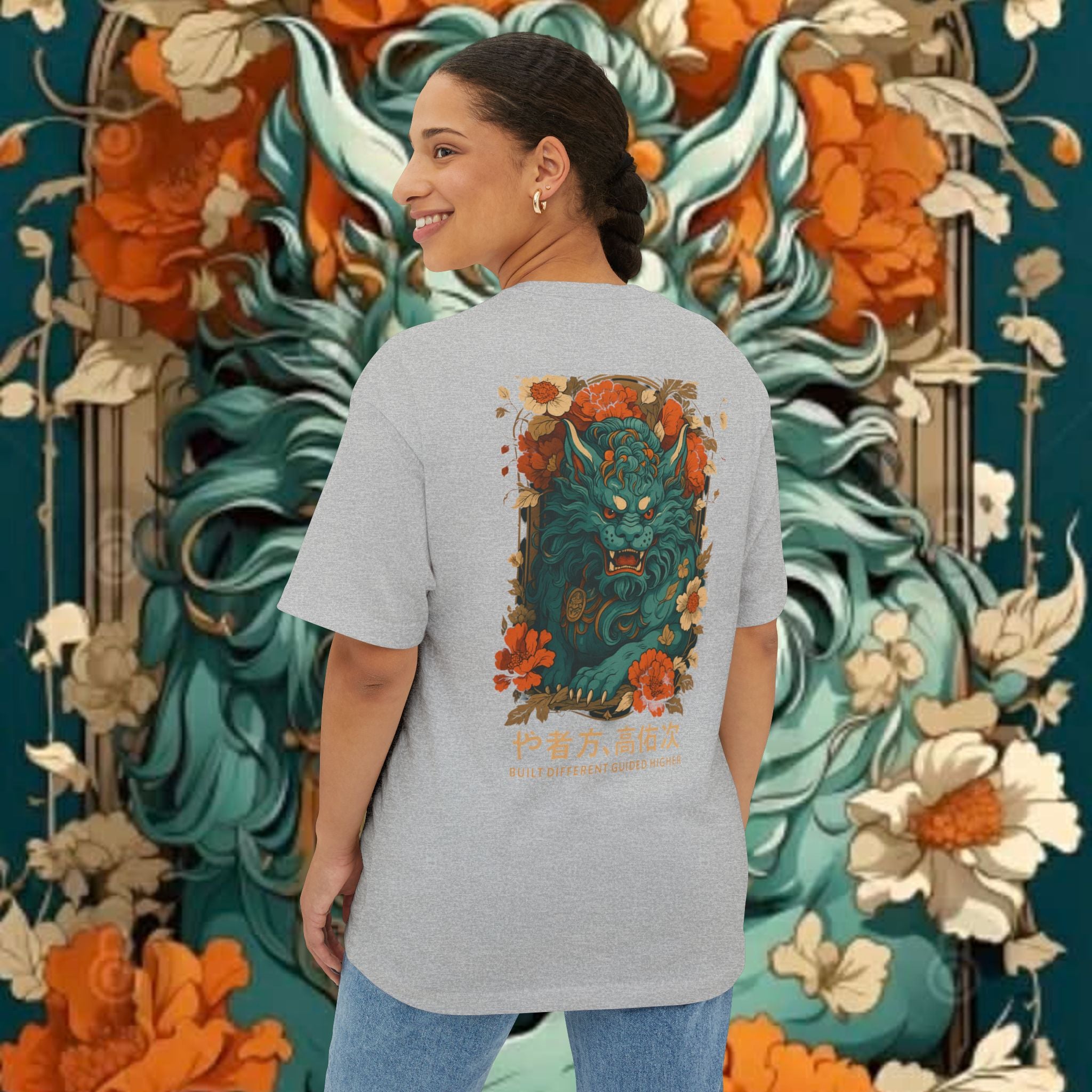 Blue Oni Demon Illustration Tee | Floral Japanese Lion Graphic T-shirt