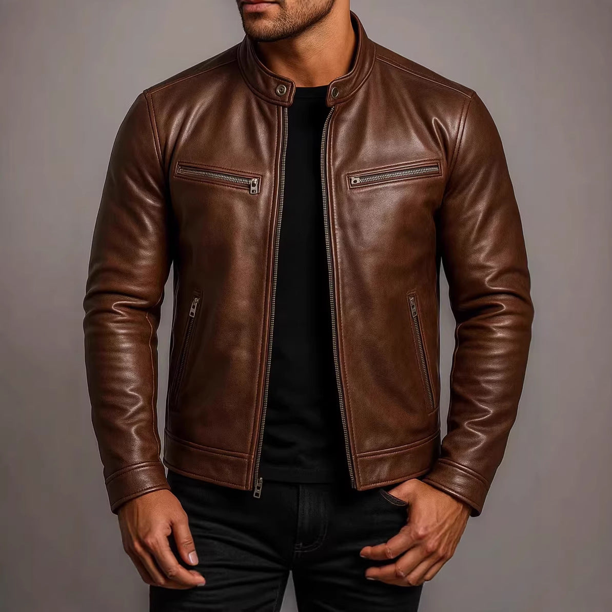 Mens PU Leather Motorcycle Jacket With A Stand-Up Collar
